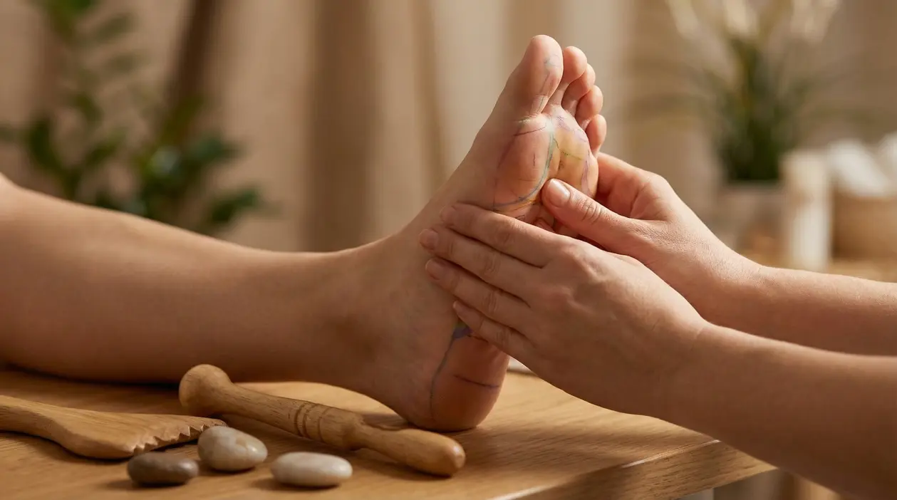 Persona che massaggia la pianta del piede premendo un punto specifico, con strumenti per riflessologia sul tavolo