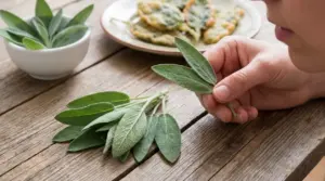 Persona che tiene foglie fresche di salvia vicino alla bocca su un tavolo di legno