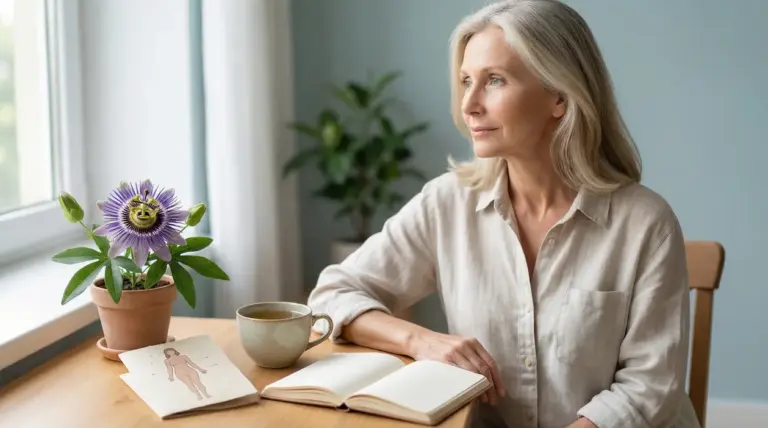 Donna matura seduta vicino alla finestra con tazza e quaderno, in un momento di riflessione sulla menopausa