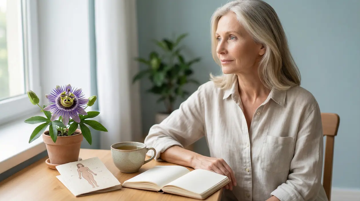 Donna matura seduta vicino alla finestra con tazza e quaderno, in un momento di riflessione sulla menopausa