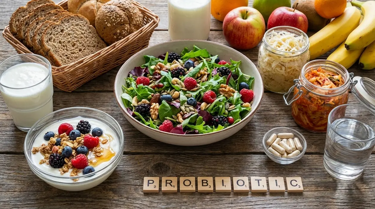 Alimenti probiotici e ricchi di fibre su tavola rustica con yogurt, kefir, insalata, crauti, kimchi, frutta e pane