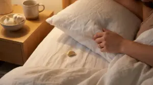 Persona a letto con un cuscino e uno spicchio d’aglio sul lenzuolo, accanto a un comodino con teste d’aglio