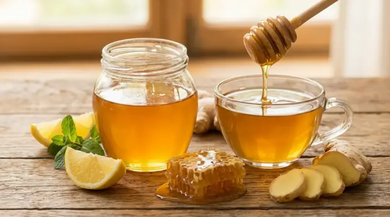 Barattolo di miele, tisana con miele, limone e zenzero su tavolo in legno