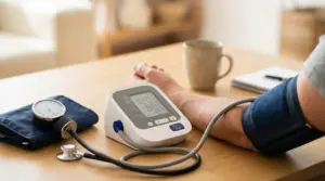 Misurazione della pressione arteriosa a casa con misuratore digitale e bracciale sul braccio