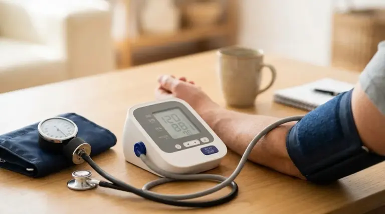 Misurazione della pressione arteriosa a casa con misuratore digitale e bracciale sul braccio