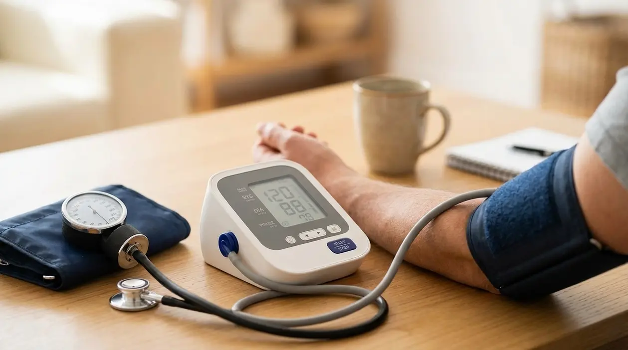 Misurazione della pressione arteriosa a casa con misuratore digitale e bracciale sul braccio