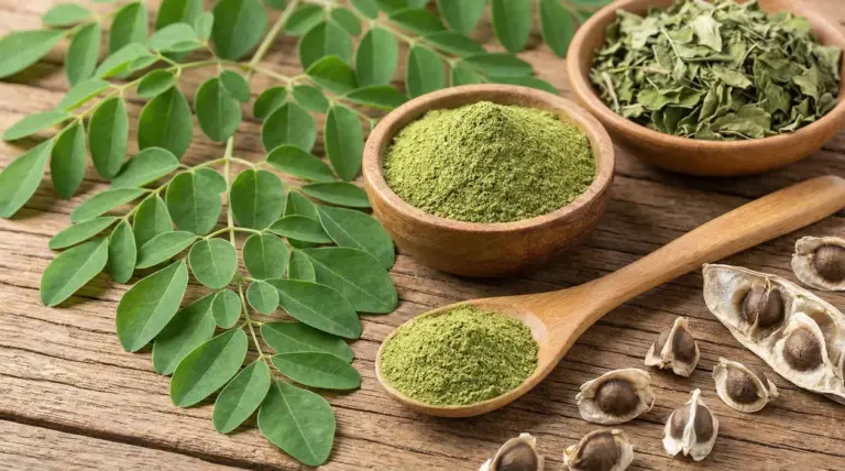 Foglie, polvere e semi di moringa su tavolo in legno con ciotole e cucchiaio