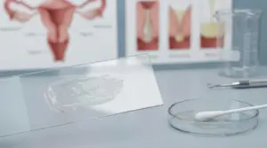 Campione di muco vaginale su vetrino da laboratorio con strumenti ginecologici sullo sfondo
