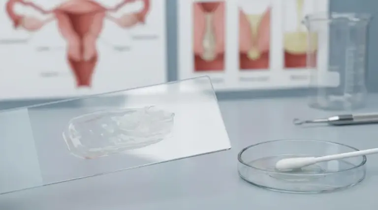 Campione di muco vaginale su vetrino da laboratorio con strumenti ginecologici sullo sfondo