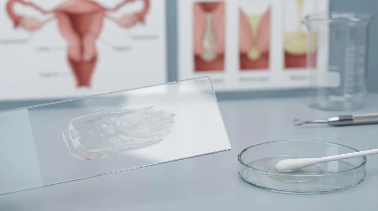 Campione di muco vaginale su vetrino da laboratorio con strumenti ginecologici sullo sfondo