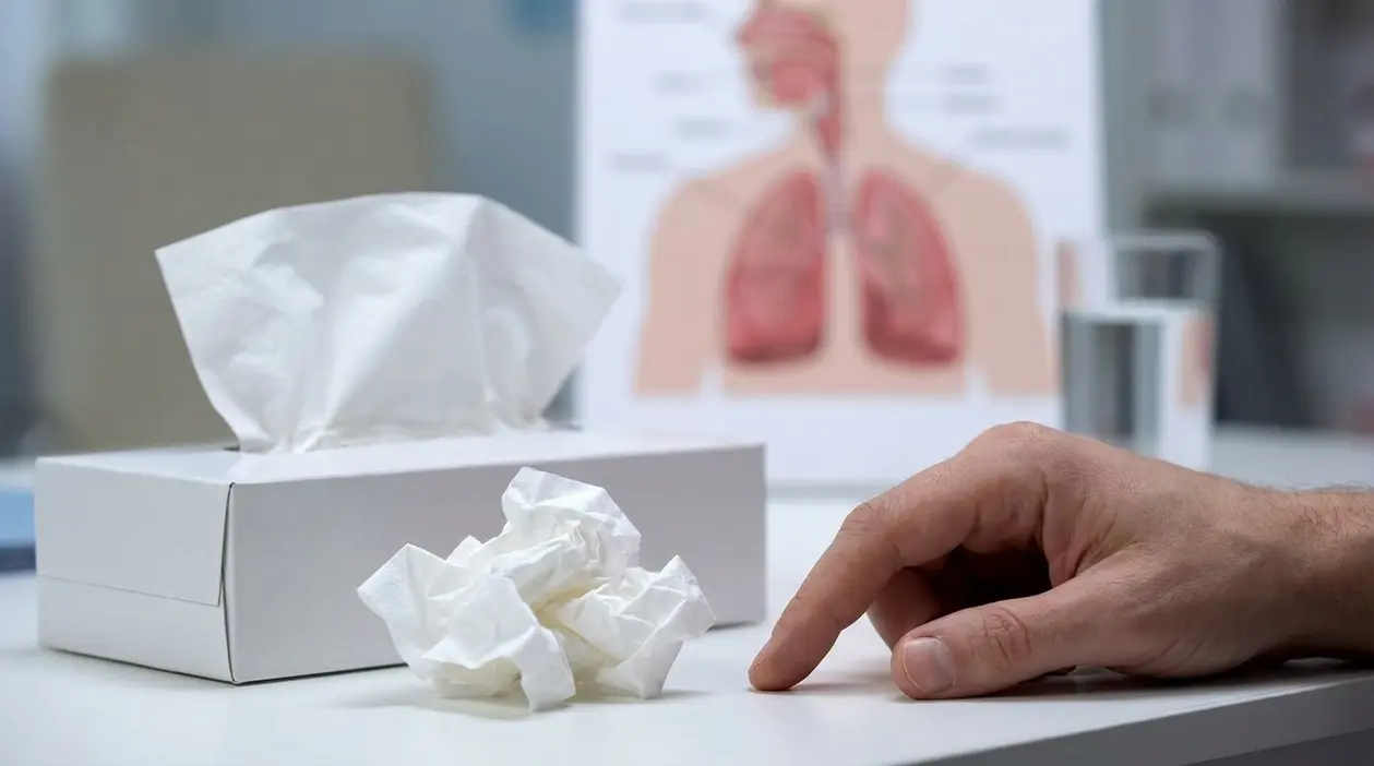 Fazzoletti su un tavolo medico con una mano in primo piano e schema dell’apparato respiratorio sullo sfondo