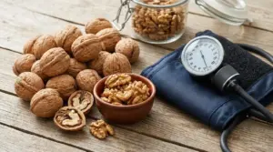 Noci intere e sgusciate accanto a uno sfigmomanometro su un tavolo, simbolo di alimentazione e pressione alta