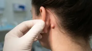 Medico con guanto che esamina un nodulo dietro l’orecchio di una persona