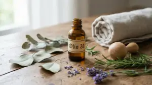 Flacone di Olio 31 con erbe aromatiche e massaggiatore in legno su un tavolo di legno