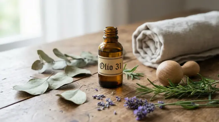 Flacone di Olio 31 con erbe aromatiche e massaggiatore in legno su un tavolo di legno