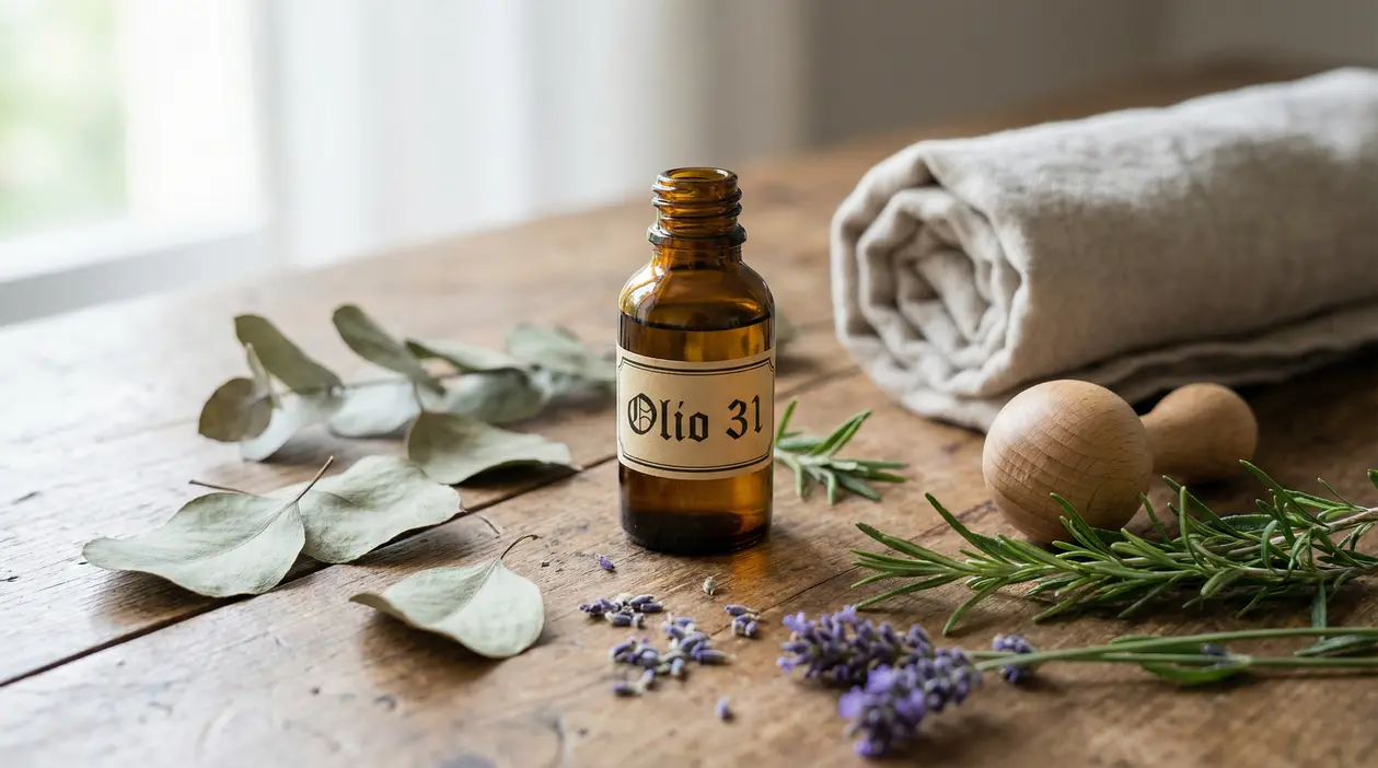 Flacone di Olio 31 con erbe aromatiche e massaggiatore in legno su un tavolo di legno