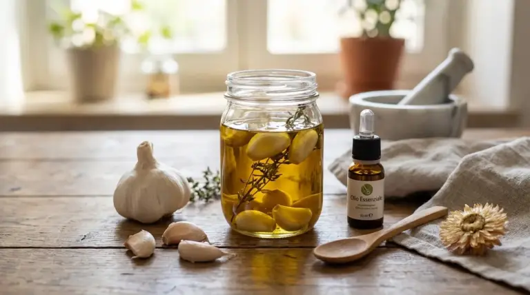 Barattolo di olio all’aglio con spicchi immersi su tavolo di legno, accanto ad aglio fresco e contagocce