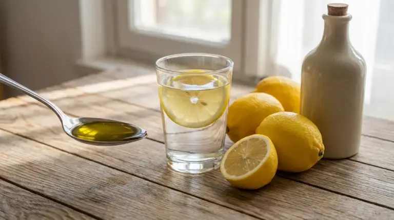 Cucchiaio di olio d’oliva, bicchiere con limone e limoni su tavolo di legno al mattino