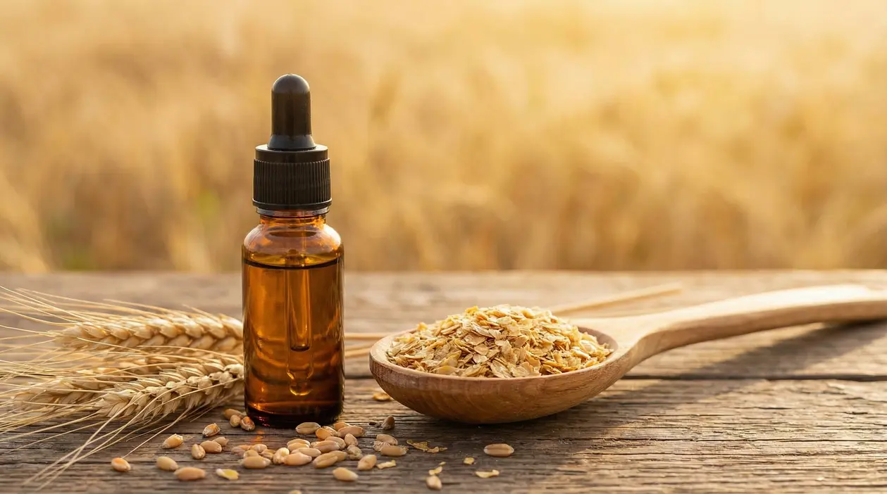 Flacone con contagocce di olio di germe di grano accanto a spighe e chicchi di grano su tavolo rustico