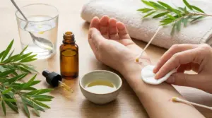 Applicazione di olio di tea tree sul braccio con cotton fioc, accanto a boccetta con contagocce e ciotolina d’olio