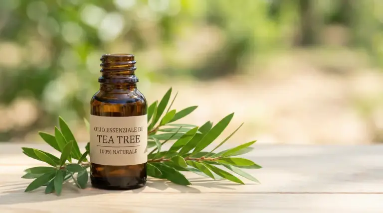 Flacone di olio essenziale di tea tree con foglie verdi su un tavolo, in un contesto naturale sfocato