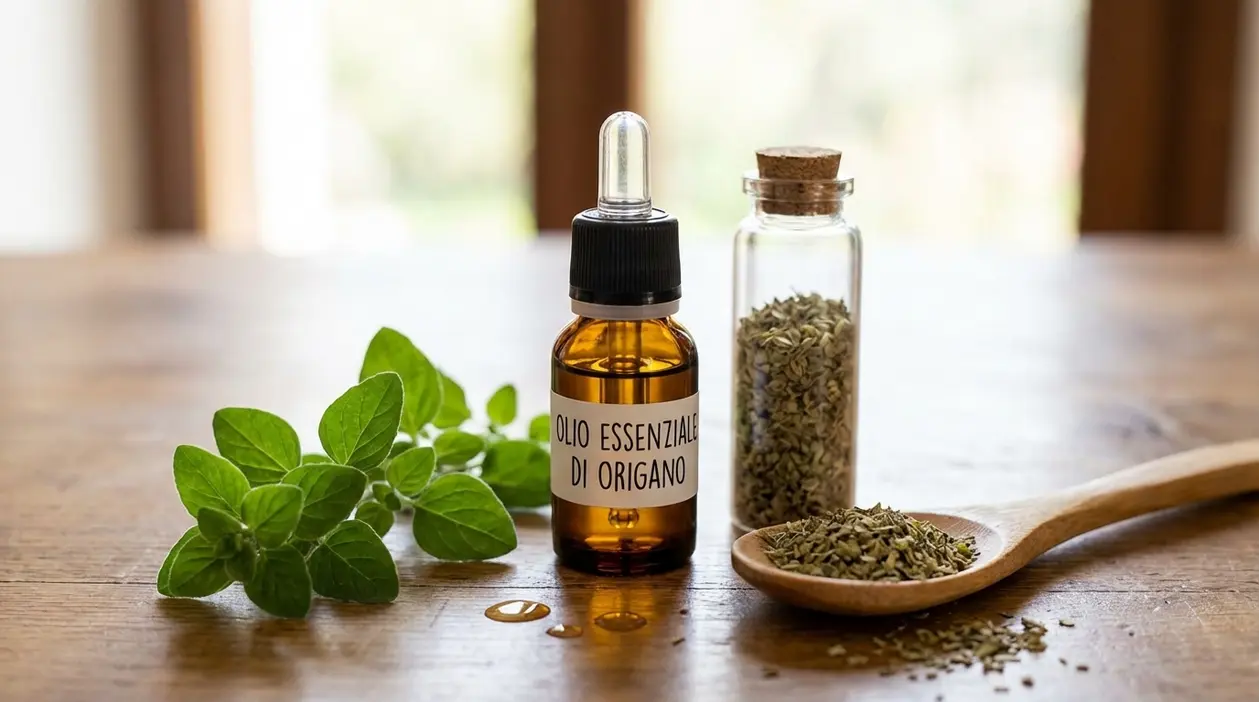 Flacone di olio essenziale di origano con foglie fresche e origano essiccato su tavolo in legno