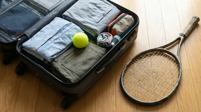 Valigia aperta con vestiti piegati e una pallina da tennis, accanto a una racchetta sul pavimento