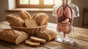 Pane integrale su un tavolo accanto a un modello del corpo umano con apparato digerente visibile