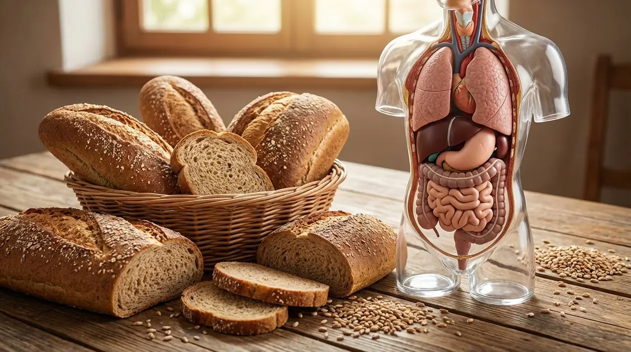 Pane integrale su un tavolo accanto a un modello del corpo umano con apparato digerente visibile