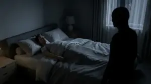Persona sdraiata a letto di notte mentre osserva una figura scura nella stanza, scena associata alla paralisi del sonno