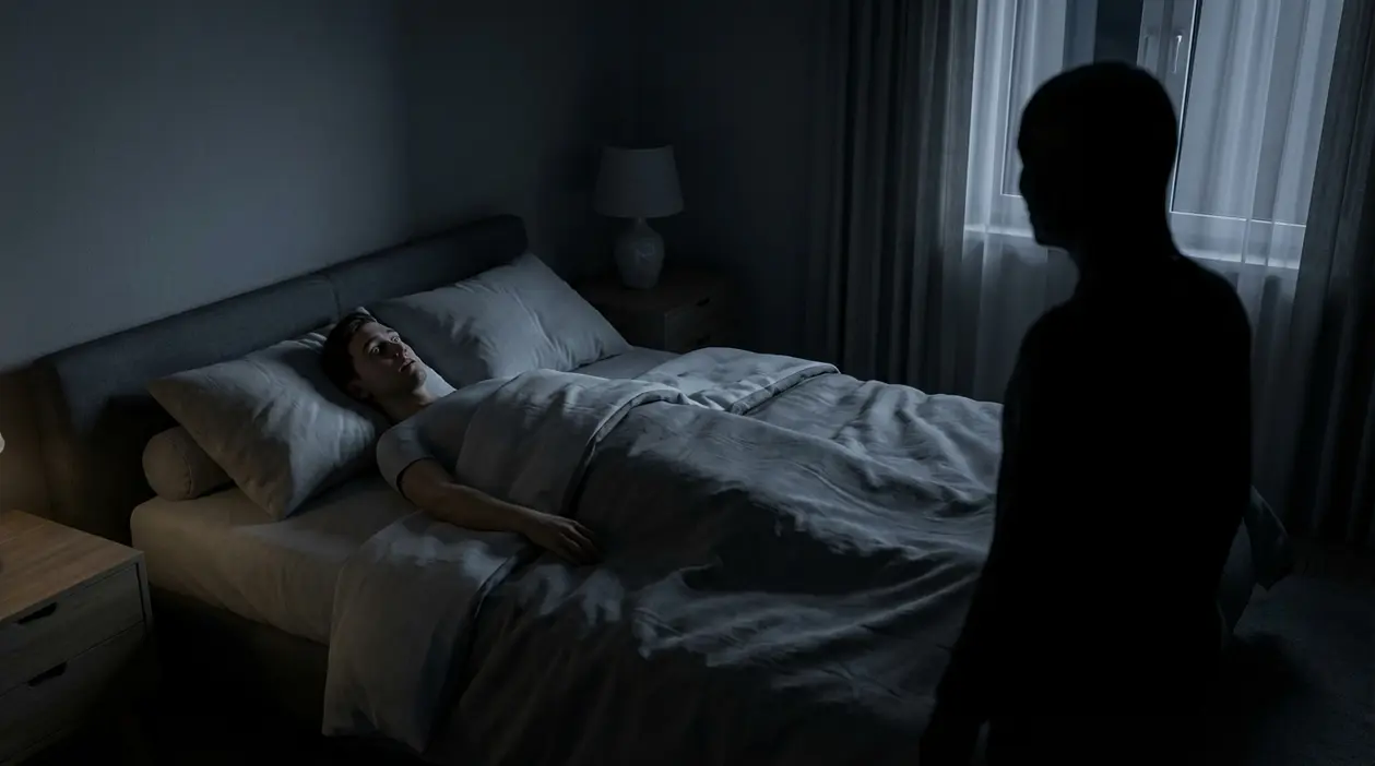 Persona sdraiata a letto di notte mentre osserva una figura scura nella stanza, scena associata alla paralisi del sonno