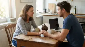 Una coppia parla con attenzione seduta al tavolo di casa, durante una conversazione intima sulla relazione aperta.