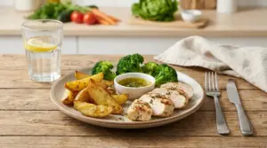 Piatto con patate al forno, petto di pollo e broccoli, abbinamento equilibrato per ridurre i picchi glicemici