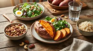 Patata dolce al forno con insalata, frutta secca e riso su tavolo rustico, in un pasto equilibrato