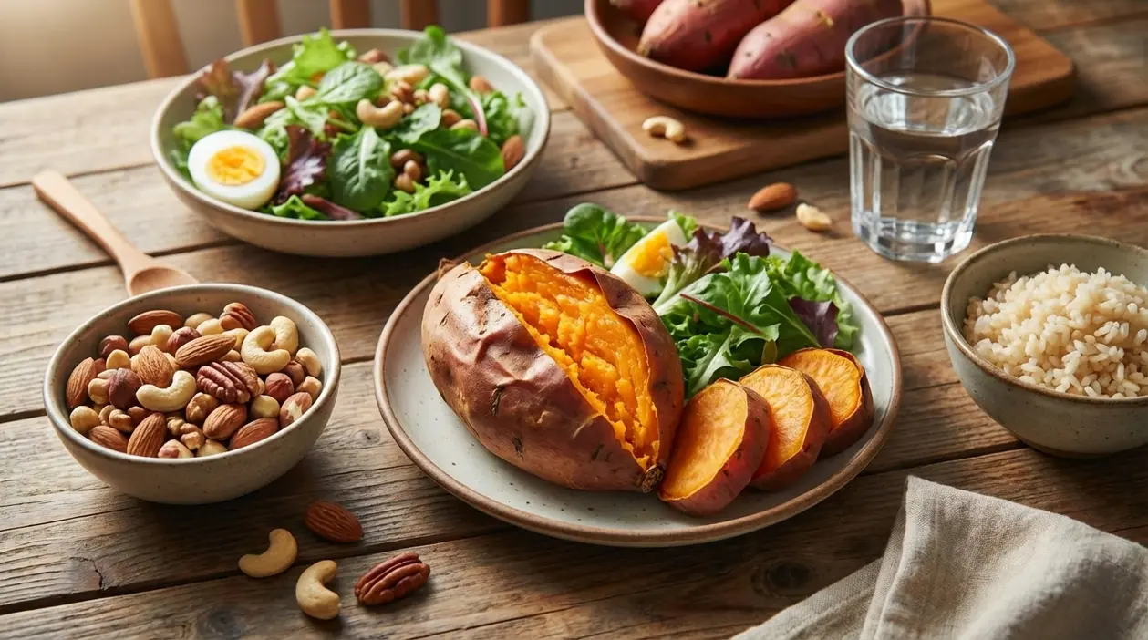 Patata dolce al forno con insalata, frutta secca e riso su tavolo rustico, in un pasto equilibrato