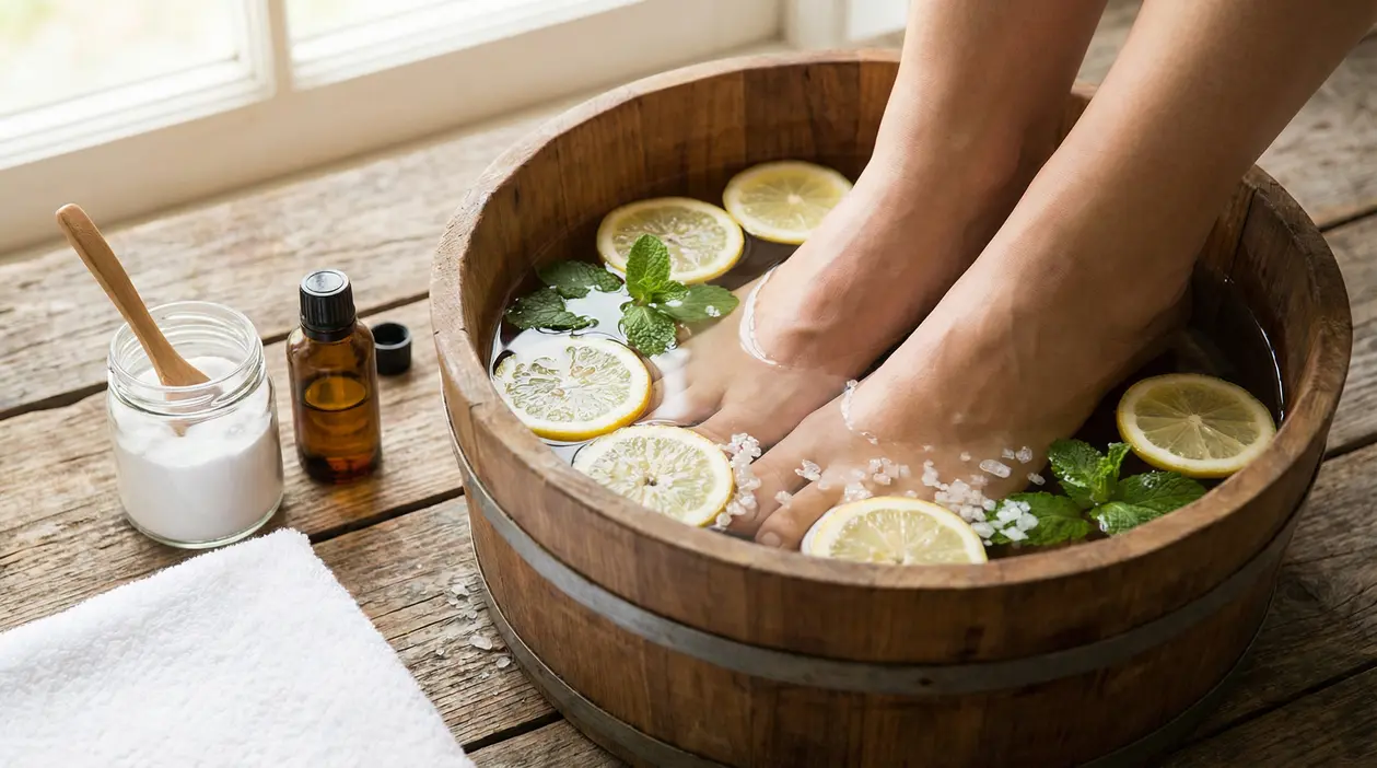 Piedi in ammollo in una bacinella di legno con limone, menta e sale per un rimedio fatto in casa