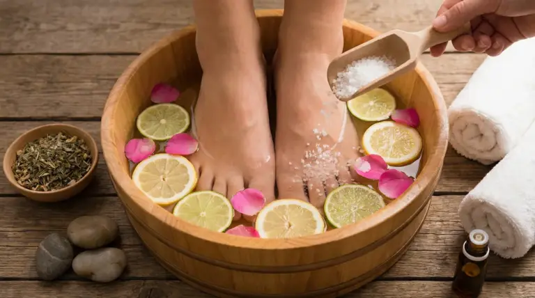 Pediluvio in bacinella di legno con sali, limone, lime e petali di rosa per piedi freddi