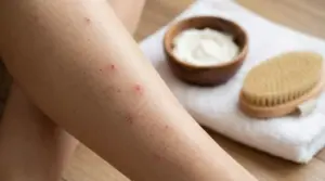 Gamba con peli incarniti e piccoli arrossamenti, accanto a crema e spazzola per la cura della pelle