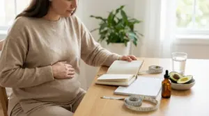 Donna seduta al tavolo con mano sull’addome, diario alimentare, metro da sarta e avocado