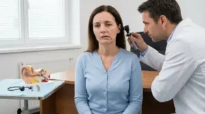 Medico che esamina l’orecchio di una donna durante una visita per perdita dell’udito legata a paralisi facciale