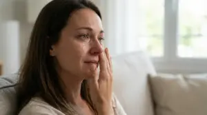 Donna con una lacrima sul viso si asciuga gli occhi seduta in casa