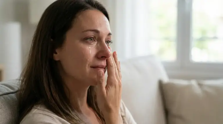 Donna con una lacrima sul viso si asciuga gli occhi seduta in casa