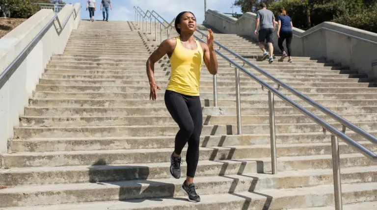 Donna che si allena salendo una lunga scalinata all’aperto