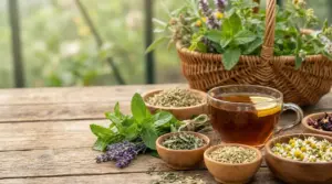 Tisana alle erbe con menta, camomilla e semi aromatici su tavolo rustico, accanto a un cesto di piante medicinali