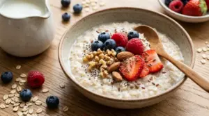 Ciotola di porridge con frutti di bosco, fragole, noci, mandorle e semi su tavolo in legno