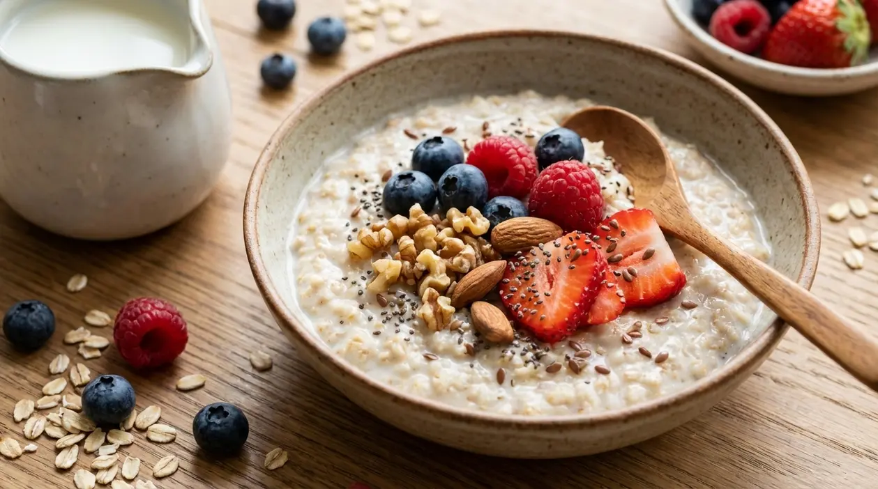 Ciotola di porridge con frutti di bosco, fragole, noci, mandorle e semi su tavolo in legno