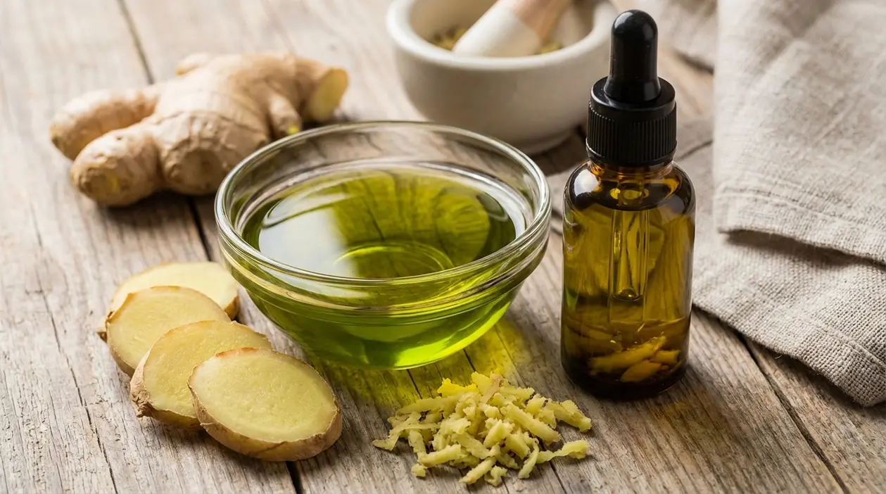 Ciotola di olio d’oliva con zenzero fresco affettato e grattugiato su tavolo di legno