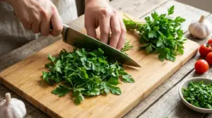 Mani che tagliano prezzemolo fresco su un tagliere di legno in cucina