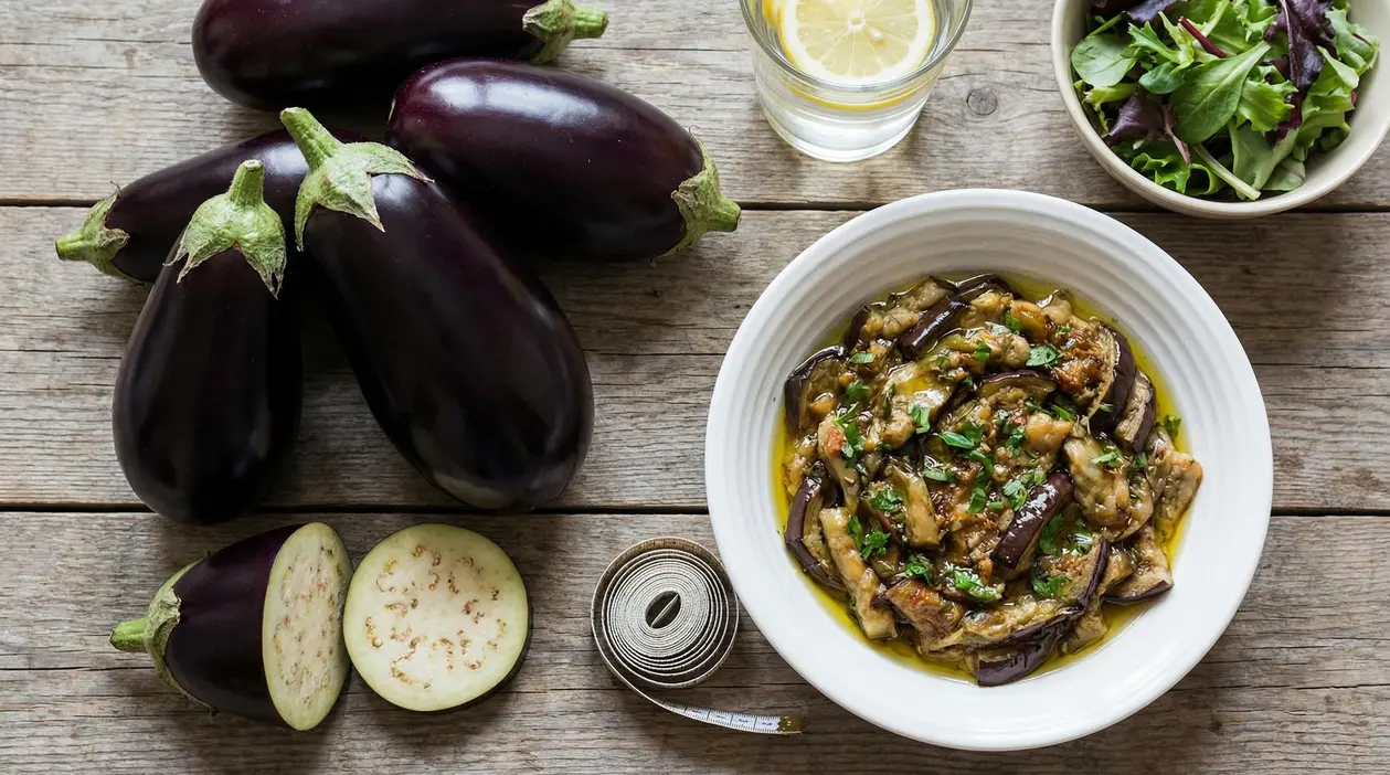 Melanzane fresche e piatto di melanzane cotte con olio e prezzemolo su tavolo di legno, con insalata e limone