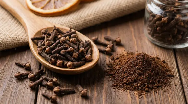 Chiodi di garofano interi in un cucchiaio di legno e polvere di chiodi su un tavolo rustico